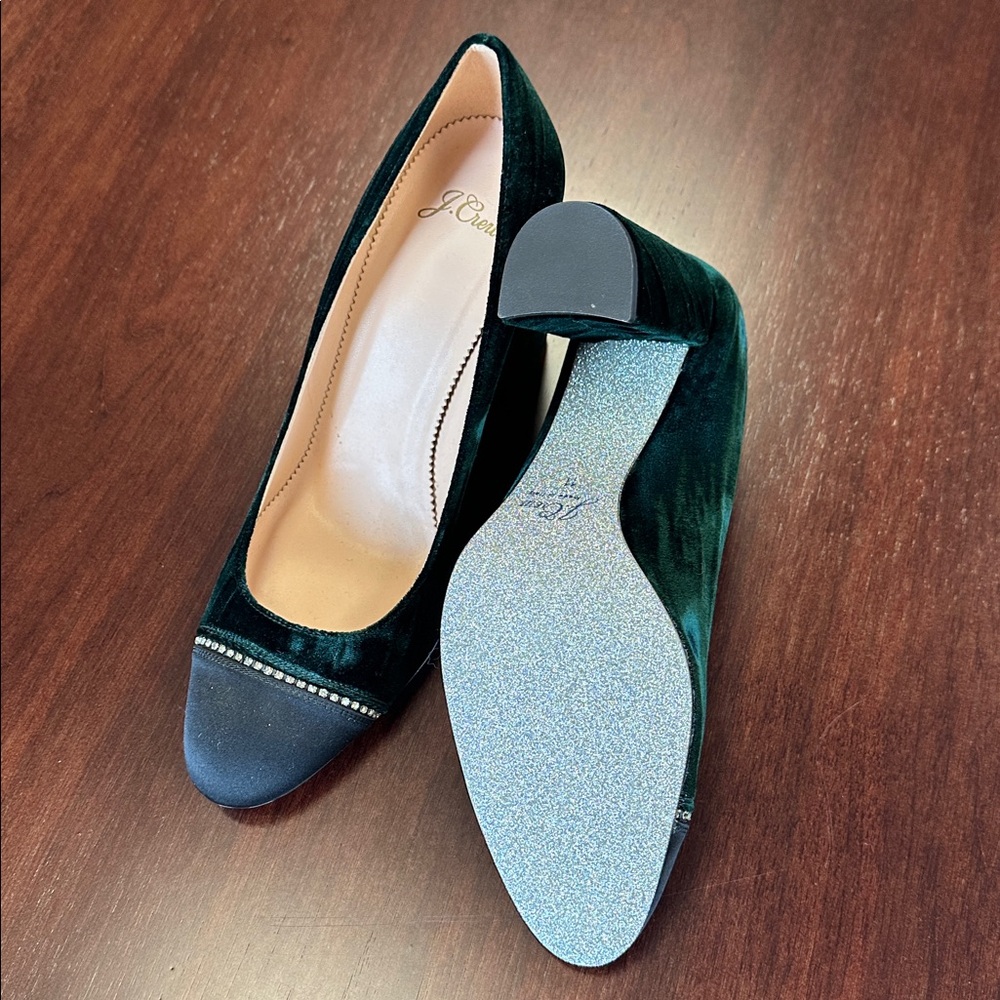 J. Crew Dark Green Velvet Heels with Black Toe